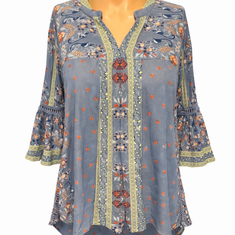 Knox Rose Blue Floral Boho Peasant Blouse with Green Trim